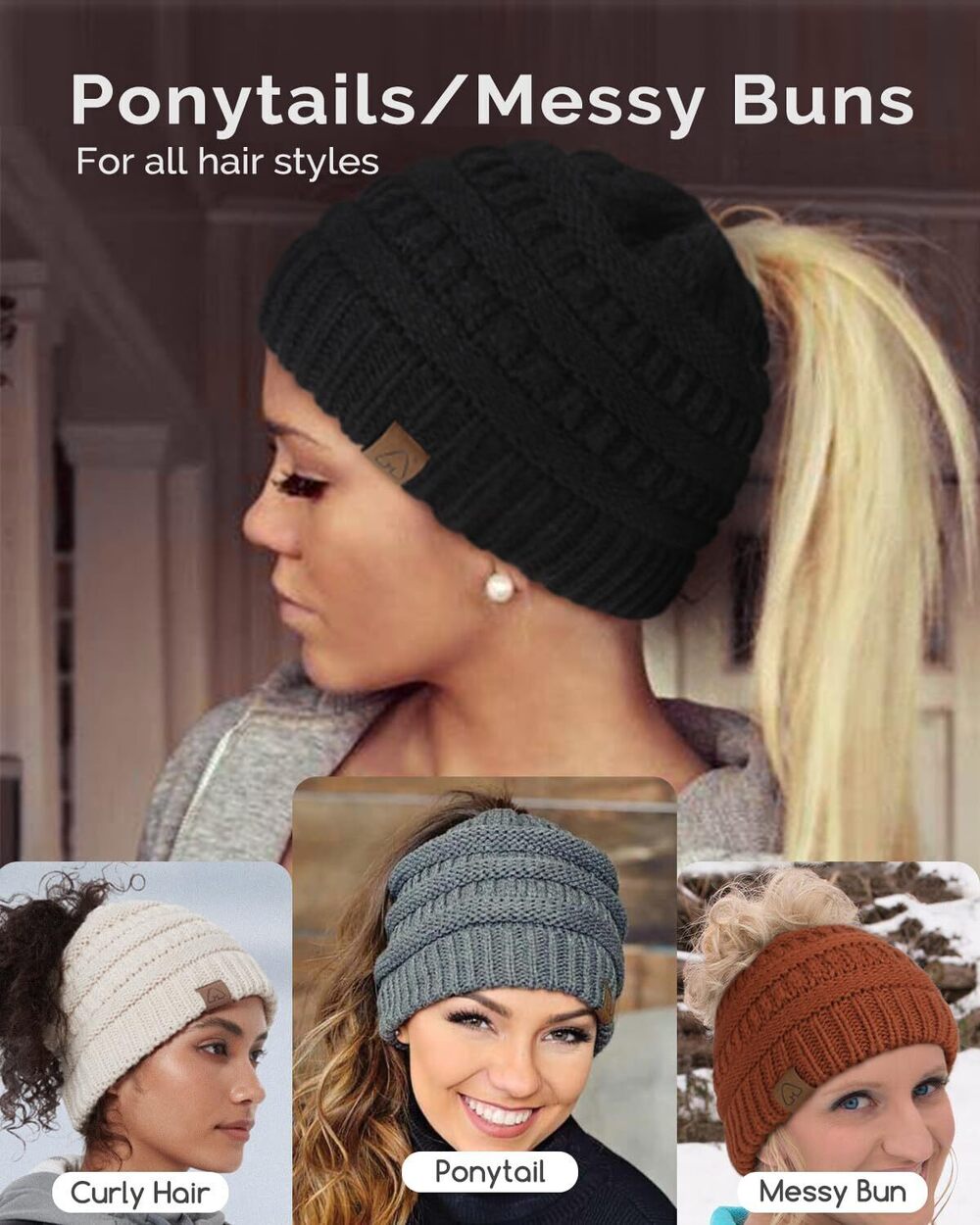 9543 Satin Lined Beanie Hat Silk Lined Winter Hat for Curly Hair Ponytail - Picture 6 of 7